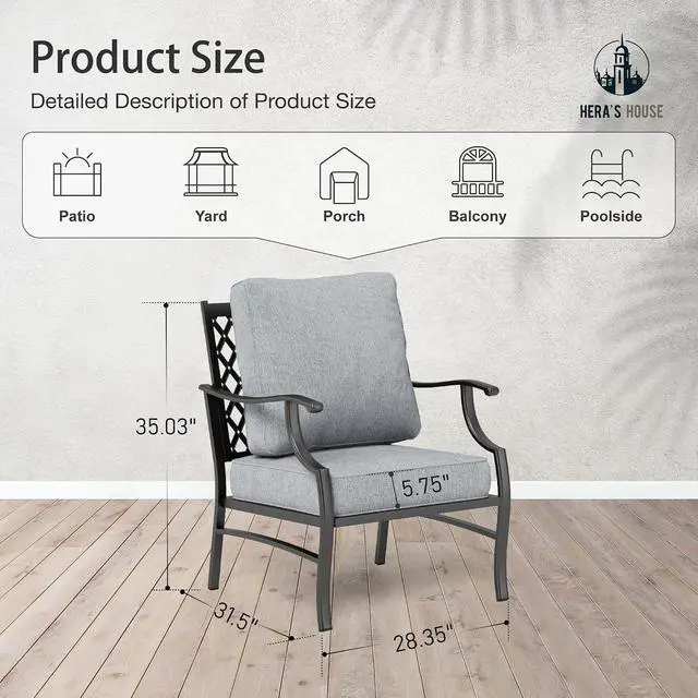 Alt view image 2 of 7 - HERA'S HOUSE 2-Piece Steel Patio Conversation Set, 2-Seat, Grey | All-Weather, For Garden, Deck, Backyard