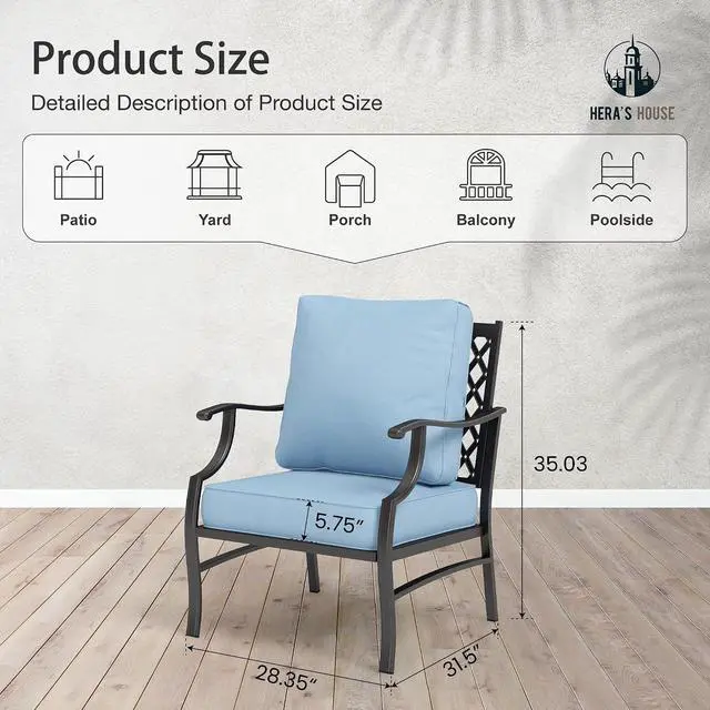 Alt view image 2 of 7 - HERA'S HOUSE Patio Dining Chairs, Set of 2, Alloy Steel, Blue | Cushioned, All-Weather, Rust-Resistant, Supports 350 lb, For Deck, Garden, Balcony