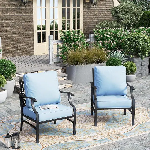 Main image of HERA'S HOUSE Patio Dining Chairs, Set of 2, Alloy Steel, Blue | Cushioned, All-Weather, Rust-Resistant, Supports 350 lb, For Deck, Garden, Balcony