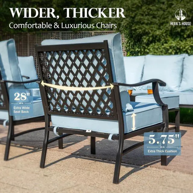 Alt view image 5 of 7 - HERA'S HOUSE Patio Dining Chairs, Set of 2, Alloy Steel, Blue | Cushioned, All-Weather, Rust-Resistant, Supports 350 lb, For Deck, Garden, Balcony