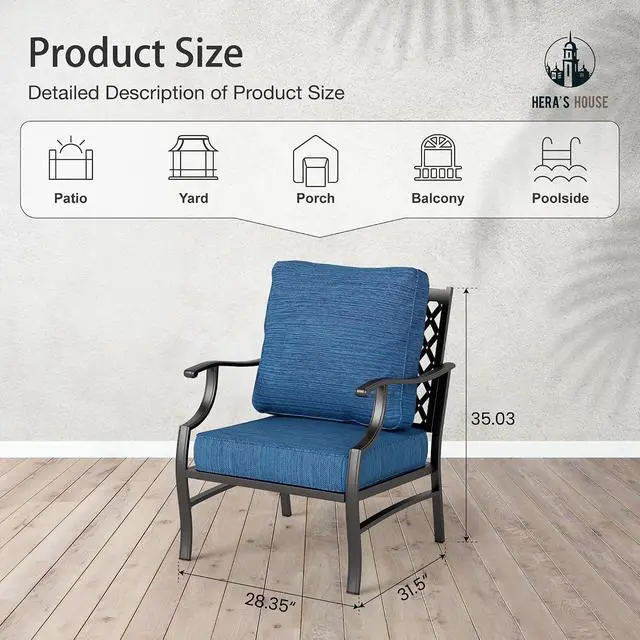 Alt view image 2 of 7 - HERA'S HOUSE Patio Dining Chairs, Set of 2, Alloy Steel, Pacific Blue | Cushioned, All-Weather, Rust-Resistant, Supports 350 lb, For Deck, Garden, Balcony