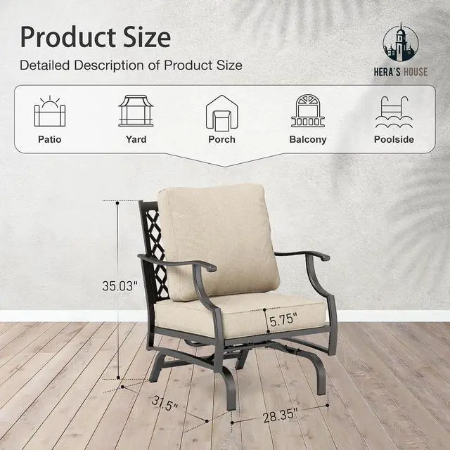Alt view image 2 of 7 - HERA'S HOUSE, 2 Pack, Patio Rocking Chairs, Alloy Steel, Beige | 5.75" Thick Cushions, All Weather, 350 lb Capacity, Waterproof Cushion Covers, E-Coated and Powder-Coated Frame
