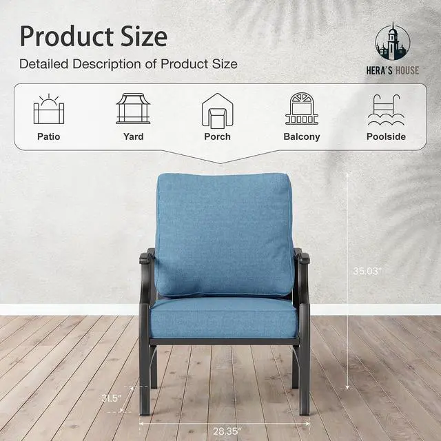 Alt view image 2 of 7 - HERA'S HOUSE Outdoor Patio Chair Set of 2, 2 x Chairs with Cushions | Set of 2, Patio Chairs, Metal, Leg Chairs, Cushioned, All-Weather, Rust-Resistant, Supports 350 lb