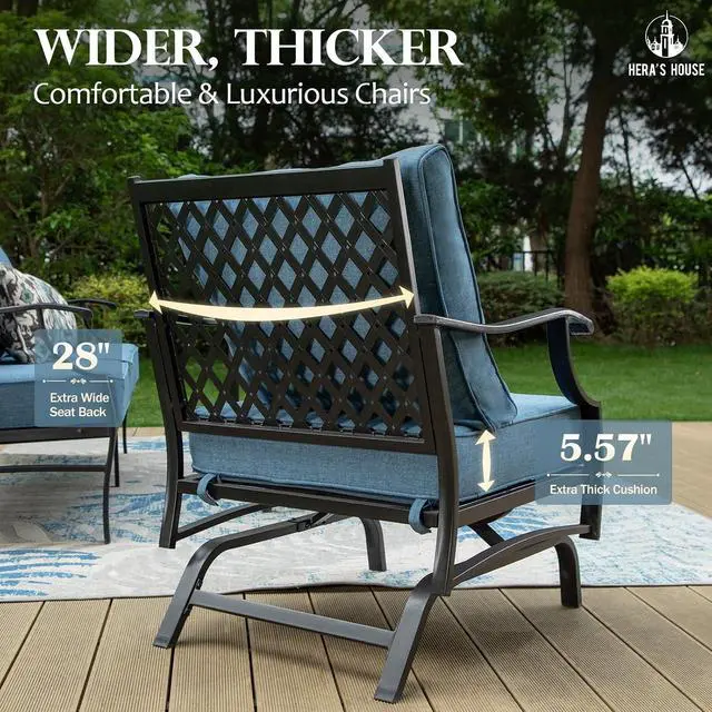 Alt view image 4 of 7 - HERA'S HOUSE, 2 Pack, Patio Rocking Chairs, Metal, Navy Blue | 5.75" Thick Cushions, All Weather, 350 lb Capacity, Waterproof Cushion Covers, E-Coated and Powder-Coated Frame