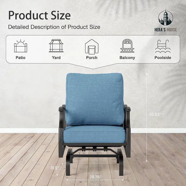 Alt view image 6 of 7 - HERA'S HOUSE, 2 Pack, Patio Rocking Chairs, Metal, Navy Blue | 5.75" Thick Cushions, All Weather, 350 lb Capacity, Waterproof Cushion Covers, E-Coated and Powder-Coated Frame