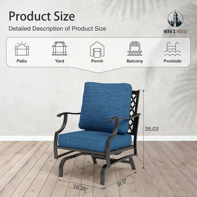 Alt view image 2 of 7 - HERA'S HOUSE, 2 Pack, Patio Rocking Chairs, Alloy Steel, Pacific Blue | 5.75" Thick Cushions, All Weather, 350 lb Capacity, Waterproof Cushion Covers, E-Coated and Powder-Coated Frame