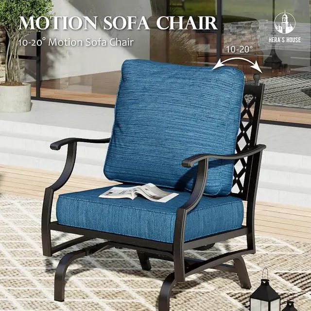 Alt view image 6 of 7 - HERA'S HOUSE, 2 Pack, Patio Rocking Chairs, Alloy Steel, Pacific Blue | 5.75" Thick Cushions, All Weather, 350 lb Capacity, Waterproof Cushion Covers, E-Coated and Powder-Coated Frame