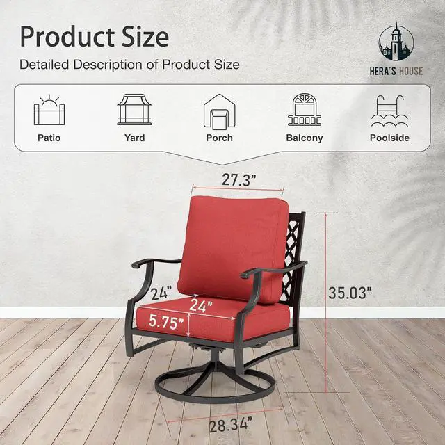 Alt view image 2 of 7 - HERA'S HOUSE 2-Piece Steel Patio Swivel Chair Set, 2-Seat, Swivel Chairs | Red, All-Weather, For Garden, Deck, Backyard