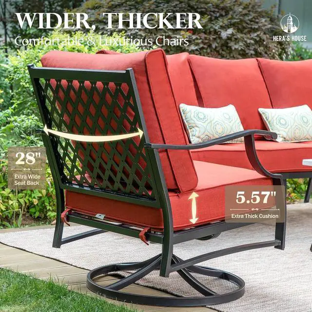 Alt view image 5 of 7 - HERA'S HOUSE 2-Piece Steel Patio Swivel Chair Set, 2-Seat, Swivel Chairs | Red, All-Weather, For Garden, Deck, Backyard