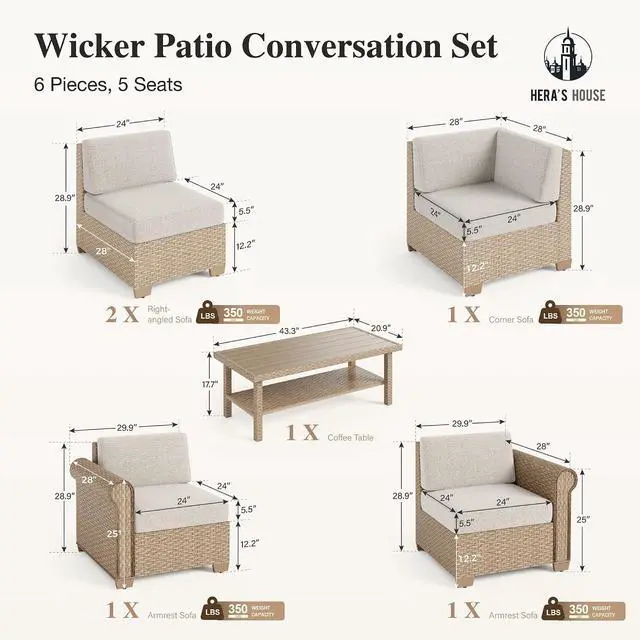 Alt view image 7 of 7 - HERA'S HOUSE 6-Piece Wicker Patio Furniture Set, 6 Pieces Set | Beige 1 X L/shaped 5/seat Sofa, Coffee Table, UV resistant