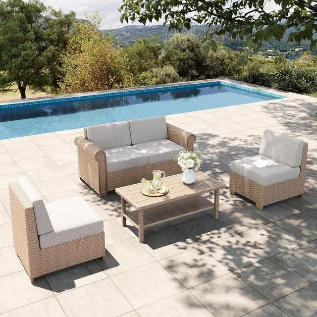 Main image of HERA'S HOUSE 5-Piece Wicker Patio Sectional Set, 4-Seat, Modular Design | Beige, All-Weather, Waterproof Cushions, 44-Inch Coffee Table, For Garden, Deck, Backyard