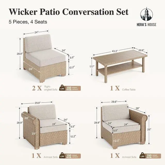 Alt view image 7 of 7 - HERA'S HOUSE 5-Piece Wicker Patio Sectional Set, 4-Seat, Modular Design | Beige, All-Weather, Waterproof Cushions, 44-Inch Coffee Table, For Garden, Deck, Backyard