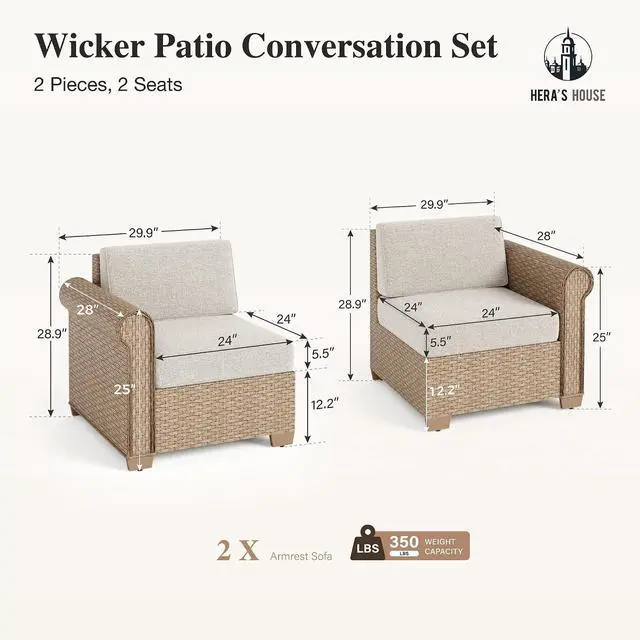 Alt view image 7 of 7 - HERA'S HOUSE 2-Piece Wicker Patio Sectional Set, 2-Seat, Modular Design | Beige, All-Weather, 5.5-Inch Cushions, For Garden, Backyard