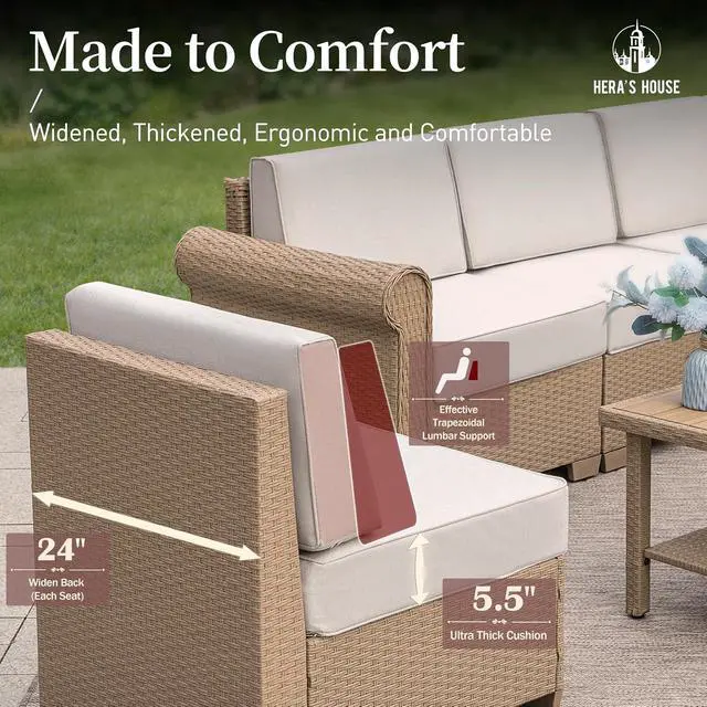 Alt view image 4 of 7 - HERA'S HOUSE 6-Piece Wicker Patio Furniture Set, 6 Pieces Set | Beige 1 X L/shaped 5/seat Sofa, Coffee Table, UV resistant