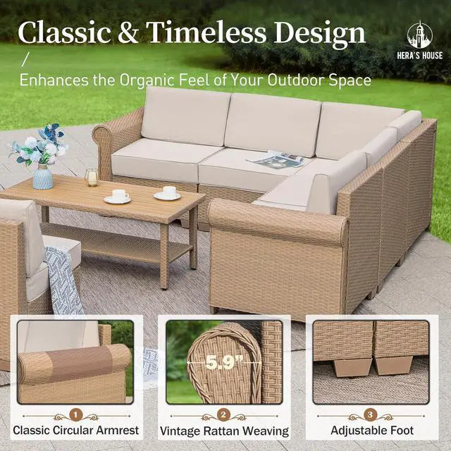 Alt view image 5 of 7 - HERA'S HOUSE 6-Piece Wicker Patio Furniture Set, 6 Pieces Set | Beige 1 X L/shaped 5/seat Sofa, Coffee Table, UV resistant