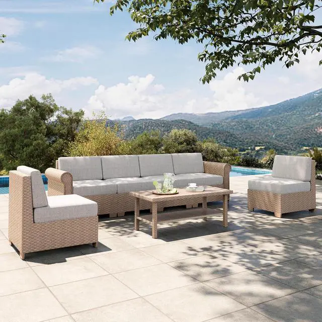 Main image of HERA'S HOUSE 7-Piece Wicker Patio Sectional Set, 6-Seat, Modular Design | Beige, All-Weather, Waterproof Cushions, 44-Inch Coffee Table, For Garden, Deck, Backyard