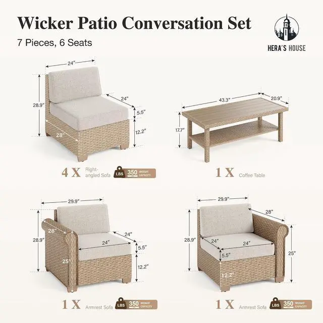 Alt view image 7 of 7 - HERA'S HOUSE Patio Furniture Set 7 Pieces, Outdoor Sectional Wicker Sofa with 44" Coffee Table All Weather 6 Seats, 5.5" Thick Waterproof Cushion Modular Conversation Set for Garden Deck Backyard