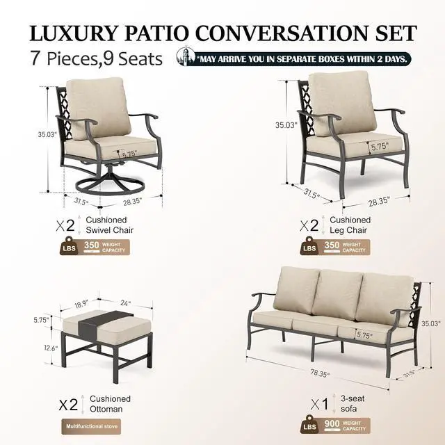 Alt view image 6 of 7 - HERA'S HOUSE 7-Piece Patio Conversation Set, 9-Seat, Swivel Chairs, Beige | 2 Swivel Chairs, 2 Ottomans, 1 3-Seat Sofa, Ottomans, Modular Design, All-Weather, For Garden, Deck, Backyard
