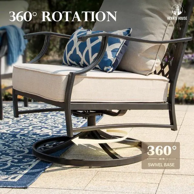 Alt view image 7 of 7 - HERA'S HOUSE 7-Piece Patio Conversation Set, 9-Seat, Swivel Chairs, Beige | 2 Swivel Chairs, 2 Ottomans, 1 3-Seat Sofa, Ottomans, Modular Design, All-Weather, For Garden, Deck, Backyard