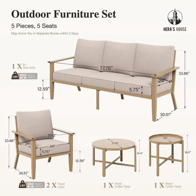 Alt view image 7 of 7 - HERA'S HOUSE 5-Piece Metal Patio Conversation Set | 2 Fixed Chairs, 1 3-Seat Sofa, Coffee Table, All-Weather, For Garden, Deck, Backyard