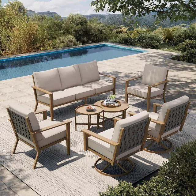 Main image of HERA'S HOUSE 7-Piece Metal Patio Conversation Set, 2 Swivel Chairs | 2 Fixed Chairs, 1 3-Seat Sofa, Coffee Table, All-Weather, For Garden, Deck, Backyard