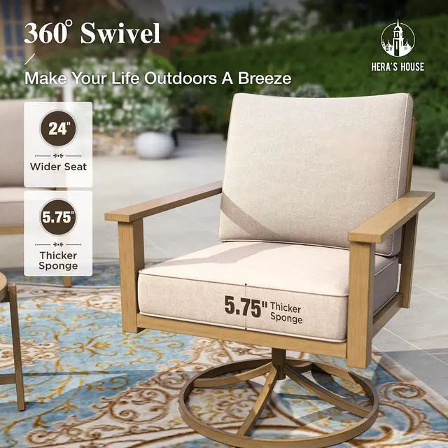 Alt view image 4 of 7 - HERA'S HOUSE 7-Piece Metal Patio Conversation Set, 2 Swivel Chairs | 2 Fixed Chairs, 1 3-Seat Sofa, Coffee Table, All-Weather, For Garden, Deck, Backyard