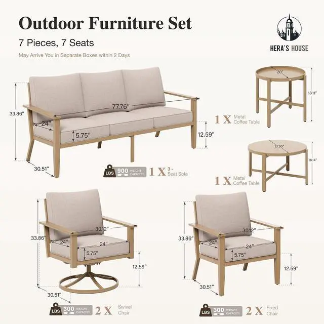 Alt view image 7 of 7 - HERA'S HOUSE 7-Piece Metal Patio Conversation Set, 2 Swivel Chairs | 2 Fixed Chairs, 1 3-Seat Sofa, Coffee Table, All-Weather, For Garden, Deck, Backyard