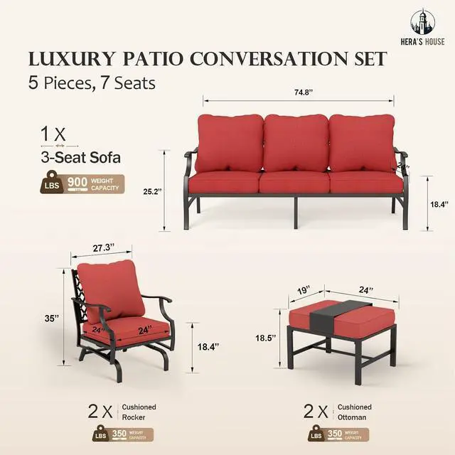 Alt view image 7 of 7 - HERA'S HOUSE 5-Piece Metal Outdoor Conversation Set, 7 Seats | Red Rocker + Ottoman, Rocking chair, Single chairs could support up to 350lbs