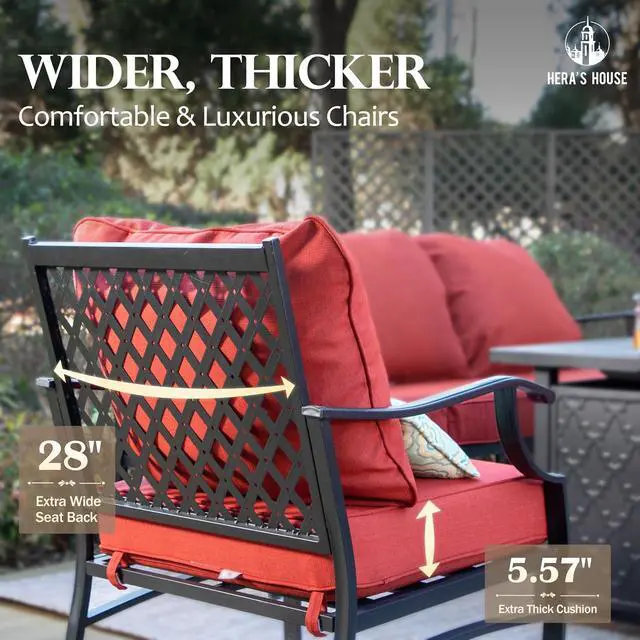 Alt view image 4 of 7 - HERA'S HOUSE 5-Piece Metal Outdoor Conversation Set, 7 Seats | Red Rocker + Ottoman, Rocking chair, Single chairs could support up to 350lbs