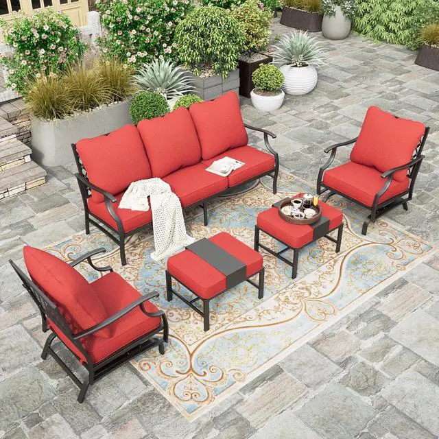 Alt view image 6 of 7 - HERA'S HOUSE 5-Piece Metal Outdoor Conversation Set, 7 Seats | Red Rocker + Ottoman, Rocking chair, Single chairs could support up to 350lbs