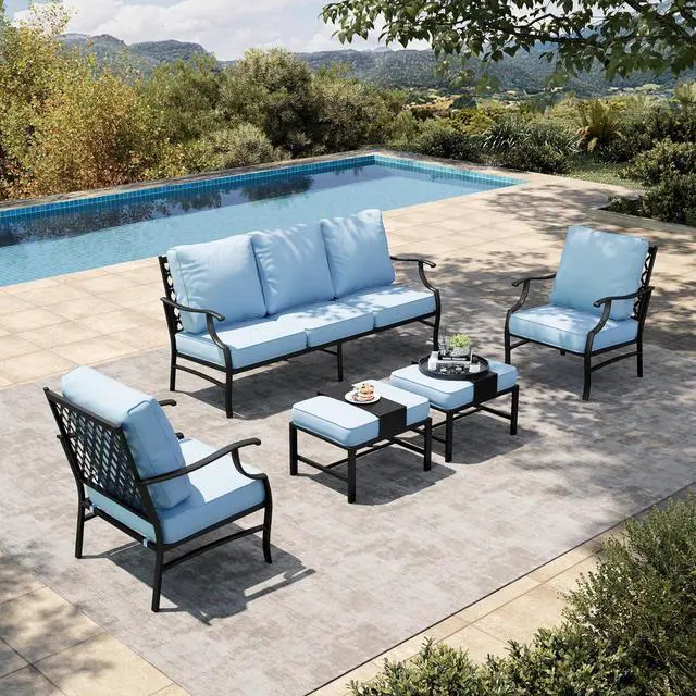 Main image of HERA'S HOUSE 5-Piece Metal Outdoor Conversation Set, 7 Seats | Blue Leg Chair + Ottoman, Single chairs could support up to 350lbs