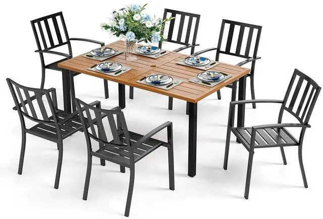 Main image of HERA'S HOUSE 7 Pieces Patio Dining Set, Outdoor Table and Chairs Set for 6, 60" Wood Look Table and 6 Metal Patio Chairs for Lawn Garden Backyard
