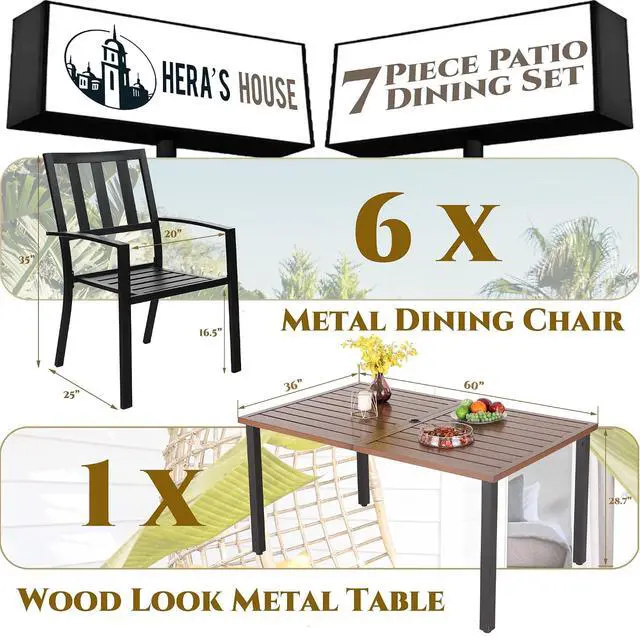 Alt view image 2 of 7 - HERA'S HOUSE 7 Pieces Patio Dining Set, Outdoor Table and Chairs Set for 6, 60" Wood Look Table and 6 Metal Patio Chairs for Lawn Garden Backyard