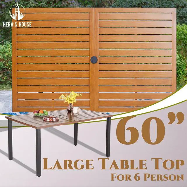 Alt view image 5 of 7 - HERA'S HOUSE 7 Pieces Patio Dining Set, Outdoor Table and Chairs Set for 6, 60" Wood Look Table and 6 Metal Patio Chairs for Lawn Garden Backyard