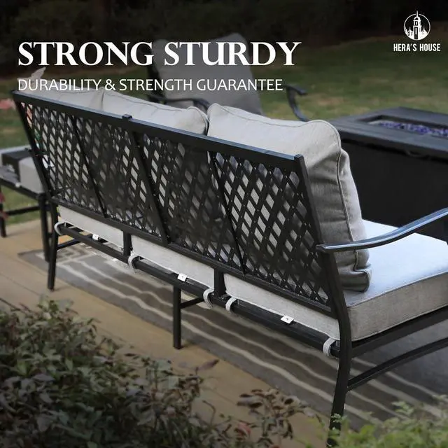 Alt view image 7 of 7 - HERA'S HOUSE 5-Piece Metal Wrought Iron Outdoor Conversation Set, 7 Seats | Gray Swivel Chair + Ottoman, Single chairs could support up to 350lbs