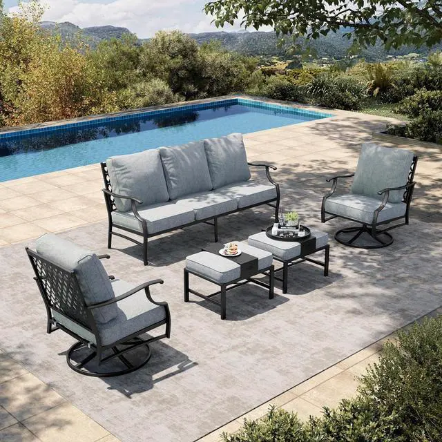 Main image of HERA'S HOUSE 5-Piece Metal Wrought Iron Outdoor Conversation Set, 7 Seats | Gray Swivel Chair + Ottoman, Single chairs could support up to 350lbs