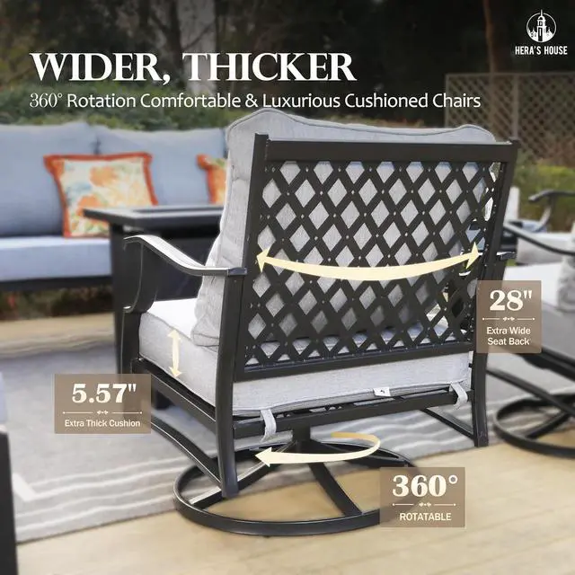 Alt view image 3 of 7 - HERA'S HOUSE 5-Piece Metal Wrought Iron Outdoor Conversation Set, 7 Seats | Gray Swivel Chair + Ottoman, Single chairs could support up to 350lbs