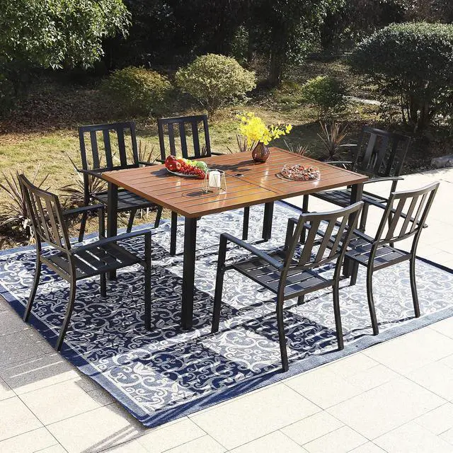 Alt view image 7 of 7 - HERA'S HOUSE 7 Pieces Patio Dining Set, Outdoor Table and Chairs Set for 6, 60" Wood Look Table and 6 Metal Patio Chairs for Lawn Garden Backyard