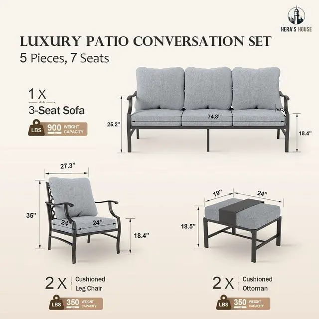 Alt view image 6 of 6 - HERA'S HOUSE 5-Piece Metal Outdoor Conversation Set, 7 Seats | Gray Leg Chair + Ottoman, Single chairs could support up to 350lbs, Contemporary