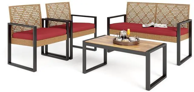 Main image of HERA'S HOUSE 4-Piece Wicker Rattan Patio Conversation Set, Modular Design | Yellow, Coffee Table, All-Weather, For Deck, Backyard