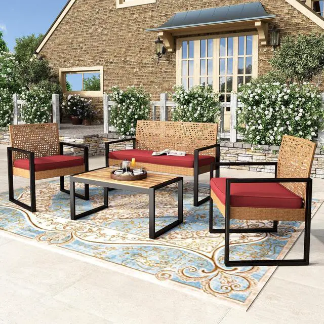 Alt view image 2 of 7 - HERA'S HOUSE 4-Piece Wicker Rattan Patio Conversation Set, Modular Design | Yellow, Coffee Table, All-Weather, For Deck, Backyard