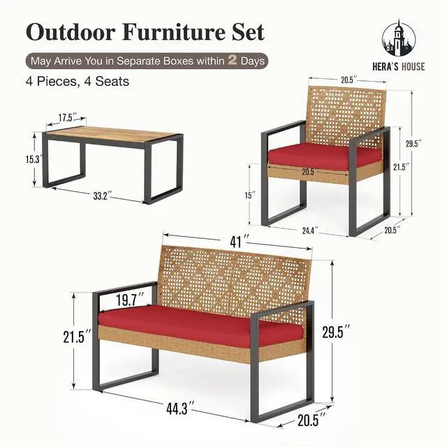 Alt view image 7 of 7 - HERA'S HOUSE 4-Piece Wicker Rattan Patio Conversation Set, Modular Design | Yellow, Coffee Table, All-Weather, For Deck, Backyard