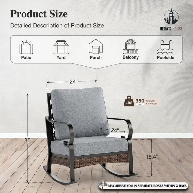 Alt view image 7 of 7 - HERA'S HOUSE 2-Piece Metal Patio Rocking Chair Set, Rocking Chairs, Black | High Back, All-Weather, For Garden, Deck, Backyard