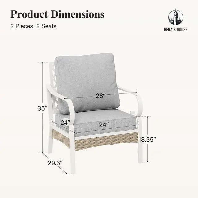 Alt view image 7 of 7 - HERA'S HOUSE Outdoor Patio Chairs Set of 2, Metal Frame, Light Grey | High back, white frame, cushioned seats, 350 lb capacity, 5.75 in cushions, all-weather E-coated and powder-coated frame