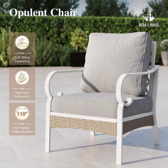 Alt view image 5 of 7 - HERA'S HOUSE Outdoor Patio Chairs Set of 2, Metal Frame, Light Grey | High back, white frame, cushioned seats, 350 lb capacity, 5.75 in cushions, all-weather E-coated and powder-coated frame