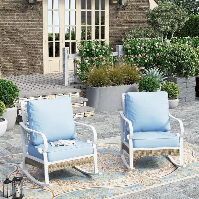 Main image of HERA'S HOUSE, 2 Pack, Patio Rocking Chairs, White Frame, Blue Cushions | Metal, 5.75" Thick Cushions, High Back, All Weather, 350 lb Capacity, Waterproof Cushion Covers