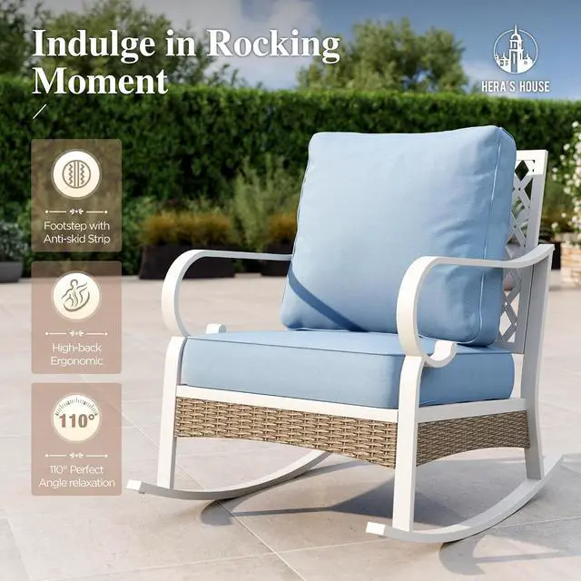 Alt view image 5 of 7 - HERA'S HOUSE 4-Piece Rattan Metal Patio Conversation Set, 4-Seat, White | Rocking Chairs, Coffee Table, All-Weather, For Garden, Deck, Backyard