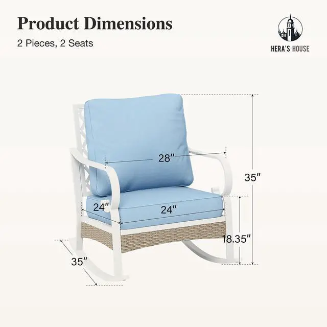 Alt view image 7 of 7 - HERA'S HOUSE, 2 Pack, Patio Rocking Chairs, White Frame, Blue Cushions | Metal, 5.75" Thick Cushions, High Back, All Weather, 350 lb Capacity, Waterproof Cushion Covers