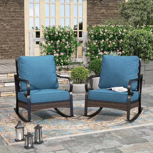 Main image of HERA'S HOUSE 2-Piece Metal Patio Rocking Chair Set, Rocking Chairs | Navy Blue, High Back, All-Weather, For Garden, Deck, Backyard