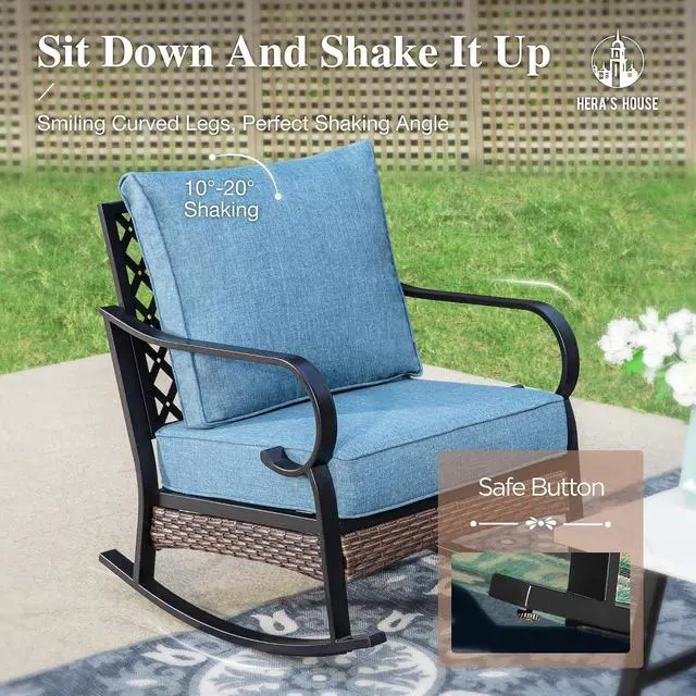 Alt view image 4 of 7 - HERA'S HOUSE 4-Piece Steel Wrought Iron Outdoor Conversation Set, 4 Seats | 56 in Fire Pit Table, Black/Navy Blue, Single chairs could support up to 350lbs